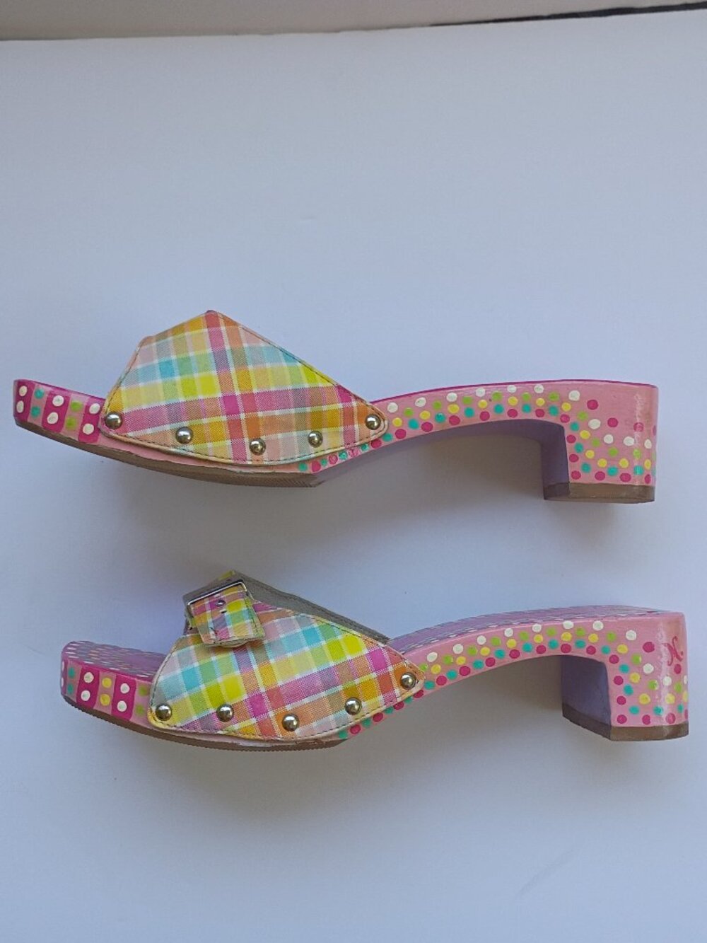 VINTAGE Painted Dr Scholl’s Original Wood Sandals Art Hand Painted Dots Size 7 - Picture 6 of 8